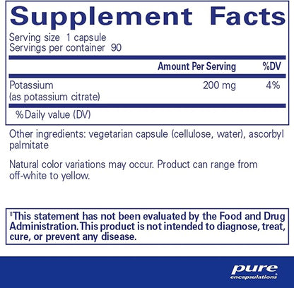 Pure Encapsulations Potassium (Citrate) - Essential Electrolyte Supplement to Support Nerve & Muscle Function, Adrenals, Hormones, Heart Health & Energy* - Potassium Citrate Capsule - 90 Capsules