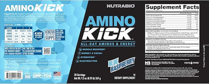 NutraBio Amino Kick - Amino Acid Energy Formula - BCAA's, Electrolytes for Hydration, Natural Caffeine 30 Servings (Blue Raspberry)