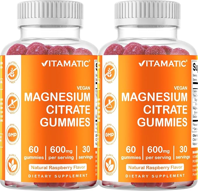Vitamatic Magnesium Citrate Gummies 600mg per Serving - 60 Vegan Gummies - Promotes Healthy Relaxation, Muscle, Bone, & Energy Support (60 Gummies (Pack of 2))