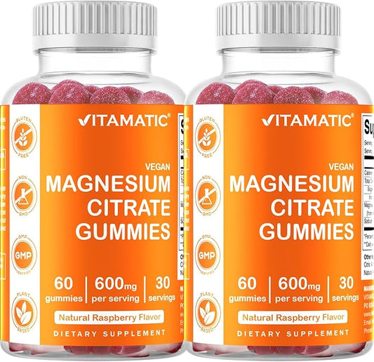 Vitamatic Magnesium Citrate Gummies 600mg per Serving - 60 Vegan Gummies - Promotes Healthy Relaxation, Muscle, Bone, & Energy Support (60 Gummies (Pack of 2))