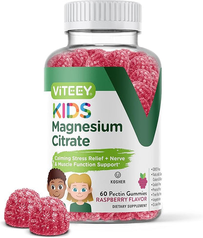 Kids Magnesium Citrate Gummies - Supports Sleep Aid, Calm Gummies, Muscle Relaxer, Optimal Relaxation - Vegetarian, Gelatin Free, Gluten Free, GMO Free - Tasty Chewable Raspberry Flavored Gummy