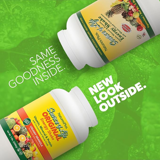 NaturesPlus Source of Life Energy Shake - 5 lbs, Vegetarian Drink Mix - Granola Flavor - Multivitamin, Mineral & Protein Powder - Whole Food Meal Replacement - Non-GMO, Gluten-Free - 58 Servings