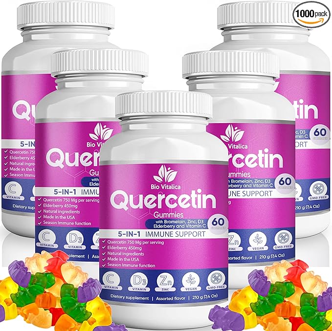 BIO VITALICA Quercetin Gummies by BioVitalica - Quercetin with Bromelain Vitamin C and Zinc & Elderberry + Vitamin D3-5 in 1 Immune Support - Zinc Quercetin 750 mg for Kids and Adult (5, Quercetin)