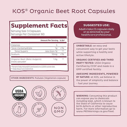KOS Organic Beet Root Capsules 1500mg - Superfood Powder - Supports Healthy & Active Lifestyle - 180 Capsules