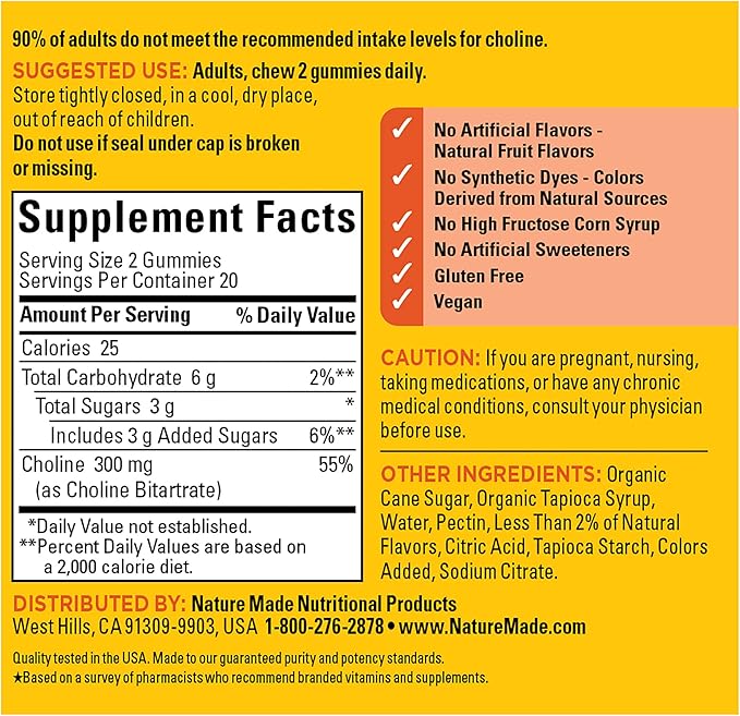 Nature Made Choline Supplements, Supports Liver Health, Nervous System Function and Brain Health, 40 Vegan Gummies, 20 Day Supply