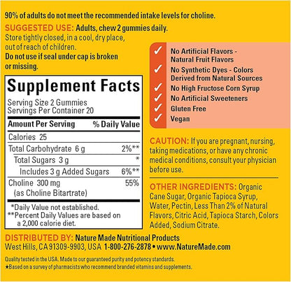 Nature Made Choline Supplements, Supports Liver Health, Nervous System Function and Brain Health, 40 Vegan Gummies, 20 Day Supply