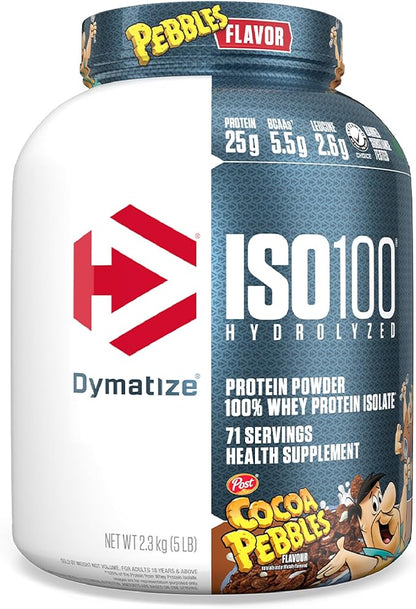 Dymatize ISO100 Hydrolyzed Protein Powder, 100% Whey Isolate, 25g of Protein, 5.5g BCAAs, Gluten Free, Fast Absorbing, Easy Digesting, Cocoa Pebbles, 5 Pound 71 Servings (Pack of 1)