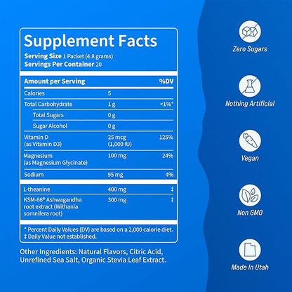 Nello Supercalm Drink Mix - Ashwagandha KSM 66, Magnesium Glycinate & L-Theanine Supplement, Vitamin D3 - Ashwagandha Root Extract - Focus and Relaxation Support (20 Travel Packets) - Lemon Lime