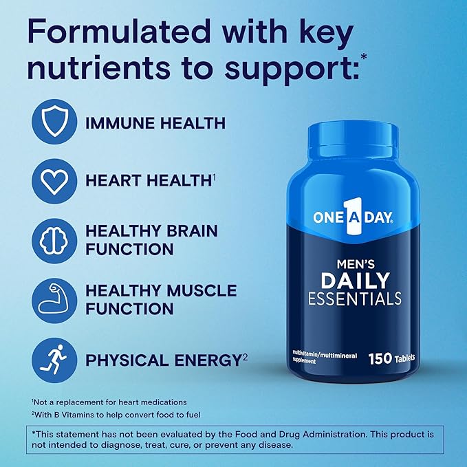 One A Day Men’s Multivitamin Daily Essentials, Multivitamin for Men Tablet, Supports Healthy Muscle Function, Physical Energy, and Immune Health with Vitamin B12, Vitamin C, and Zinc, 150 Count