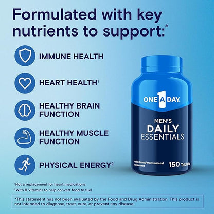 One A Day Men’s Multivitamin Daily Essentials, Multivitamin for Men Tablet, Supports Healthy Muscle Function, Physical Energy, and Immune Health with Vitamin B12, Vitamin C, and Zinc, 150 Count