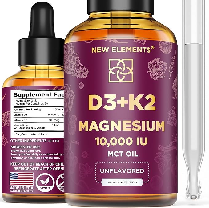 Liquid Vitamin D3 K2 10000IU with Magnesium Glycinate 5mg | VIT D3 K2 Drops for Adults | Mk7 Vitamin K2 100mcg | Vitamin D3 + K2 Supplement for Men & Women | Gluten Free | Non-GMO