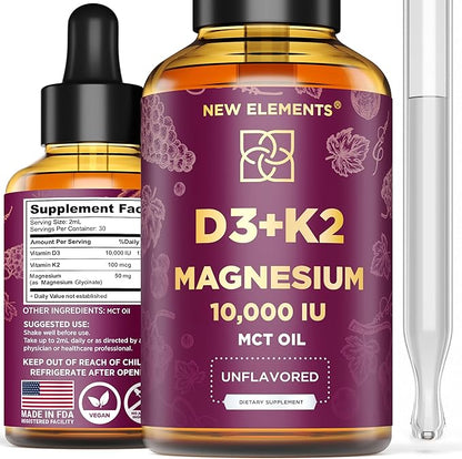 Liquid Vitamin D3 K2 10000IU with Magnesium Glycinate 5mg | VIT D3 K2 Drops for Adults | Mk7 Vitamin K2 100mcg | Vitamin D3 + K2 Supplement for Men & Women | Gluten Free | Non-GMO