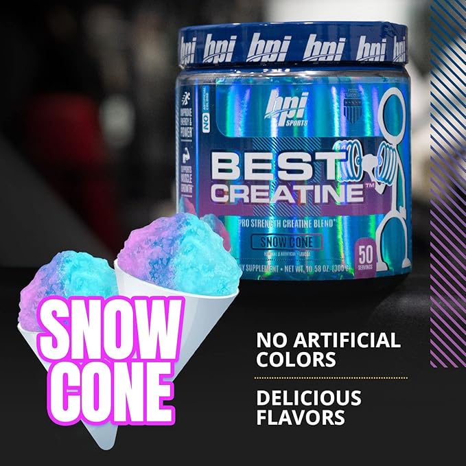 BPI Sports Best Creatine - Creatine Monohydrate, Himalayan Salt - strength, Pump, Endurance, Muscle Growth, Muscle Definition - No Bloat - Snow Cone - 50 servings - 10.58 Oz