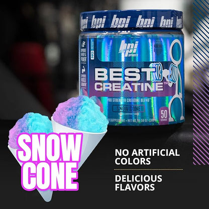 BPI Sports Best Creatine - Creatine Monohydrate, Himalayan Salt - strength, Pump, Endurance, Muscle Growth, Muscle Definition - No Bloat - Snow Cone - 50 servings - 10.58 Oz