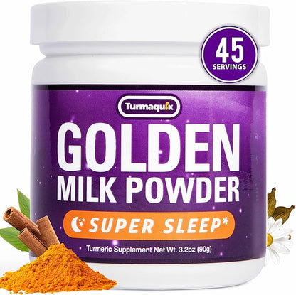 Turmaquik Organic Golden Moon Milk Turmeric Powder Mix, Super Sleep + Superfood Blend of Melatonin, Valerian, Chamomile, Lemon Balm, Ginger, Black Pepper, Curcumin, Cinnamon, Cardamom (3.2 Ounce)