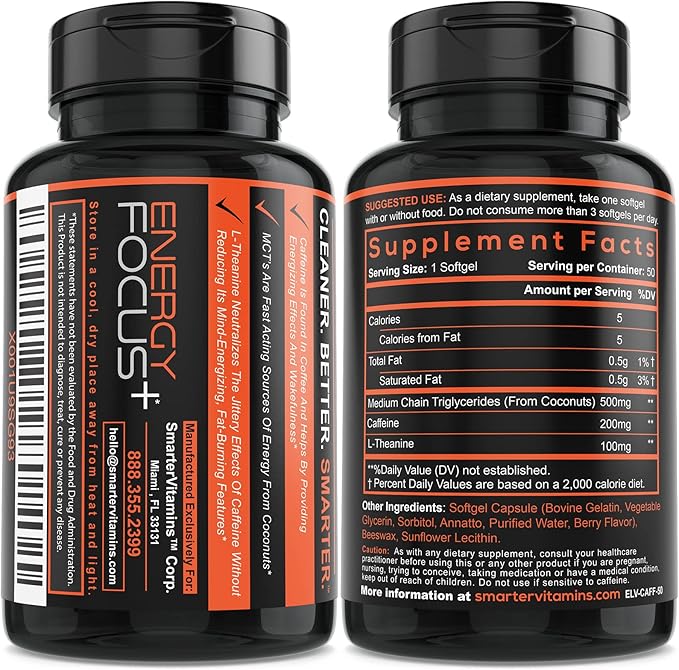 SmarterVitamins (3-Pack) 200mg Caffeine Pills with 100mg L-Theanine for Energy, Focus and Clarity + Coconut MCT Oil, Pre Workout, Nootropic Brain Booster, Extended Release Capsule