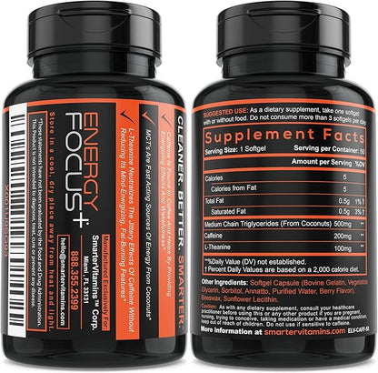 SmarterVitamins (3-Pack) 200mg Caffeine Pills with 100mg L-Theanine for Energy, Focus and Clarity + Coconut MCT Oil, Pre Workout, Nootropic Brain Booster, Extended Release Capsule