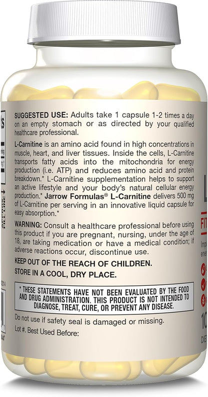 Jarrow Formulas L-Carnitine 500 mg - 100 Veggie Licaps - Important Cofactor for Energy Production (ATP) from Fats - Dietary Supplement - Vegan - Up to 100 Servings