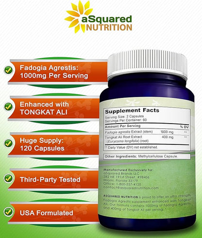 aSquared Nutrition Fadogia Agrestis 1000mg & Tongkat Ali 400mg - 120 Capsules - Fadogia Agrestis Extract Supplement and Powder Complex Pills