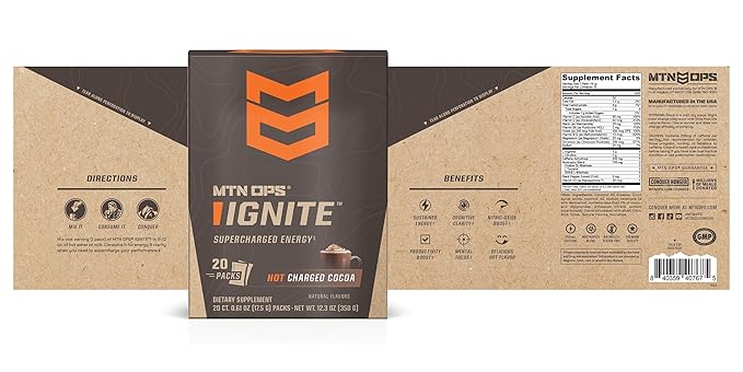 MTN OPS Hot Ignite Supercharged Energy Drink Mix Focus Enhancer, Charged Cocoa - 20 Trail Packs
