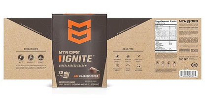 MTN OPS Hot Ignite Supercharged Energy Drink Mix Focus Enhancer, Charged Cocoa - 20 Trail Packs