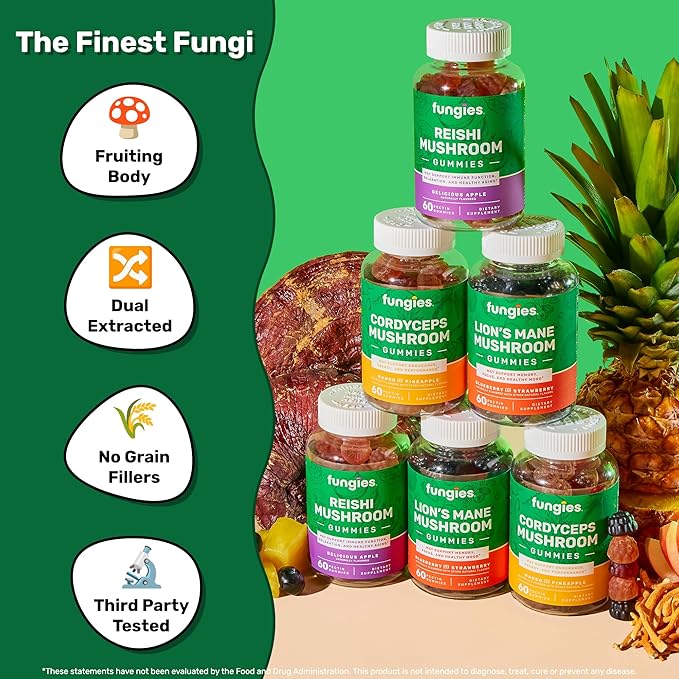 Fungies Mushroom Gummy 3-Pack Bundle, Lion's Mane, Cordyceps & Reishi Gummies for Adults - Mushroom Gummies Supports Brain Health, Gut Health, Energy & Daily Wellness - 180 Servings
