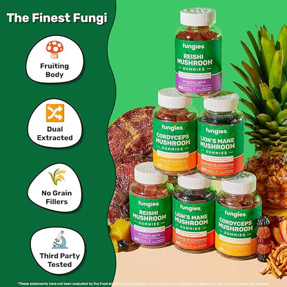 Fungies Mushroom Gummy 3-Pack Bundle, Lion's Mane, Cordyceps & Reishi Gummies for Adults - Mushroom Gummies Supports Brain Health, Gut Health, Energy & Daily Wellness - 180 Servings