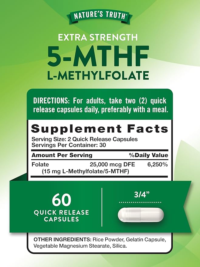Nature's Truth L Methylfolate 15mg | 60 Capsules | Non-GMO & Gluten Free Supplement | Extra Strength