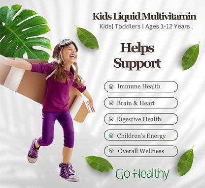 Go Healthy Kids Liquid Multivitamin - Vegan Vitamin Supplement Supports Children's Growth, Development & Immune Function, Ages 1 & Up, Delicious Fruit Flavor - 32 Servings