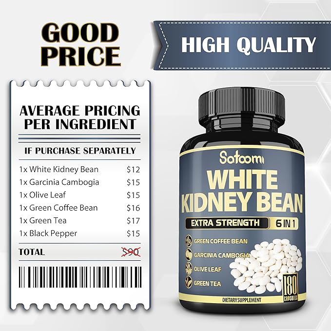 Satoomi 6in1 White Kidney Bean Extract Capsules - 6 Month Supply - Extra Blend with Olive Leaf, Green Coffee Bean & Green Tea - 180 Counts