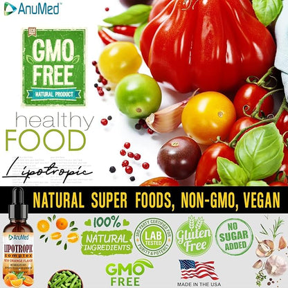 ANUMED - Lipotropic Complex Liquid Drops with Vitamin B12, B6, Folic Acid, Choline, Inositol for Liver Health, Natural Cleanser, Detox + Boosts Natural Energy Levels. Vegan, Non-GMO, Gluten-Free (2oz)