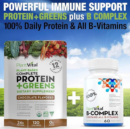 Plantvital Vegan Protein Powder Plant Based - Organic Protein Powder Chocolate - 24g/0g Sugar, 18 Superfoods, Probiotics, Raw Cocoa, Pea, Gluten-Free, Keto-Friendly, 48oz