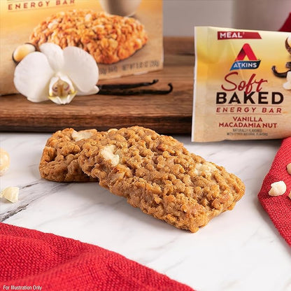 Atkins Soft Baked Energy Bars, Vanilla Macadamia Nut, 15g Protein, 1g Sugar, Excellent Source of Fiber, Low Carb, 4 Packs (5 Bars Each)