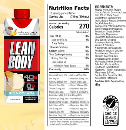 Lean Body Ready-to-Drink Pina Colada Protein Shake, 40g Protein, Whey Blend, 0 Sugar, Gluten Free, 22 Vitamins & Minerals, 17 Fl Oz (Pack of 12)