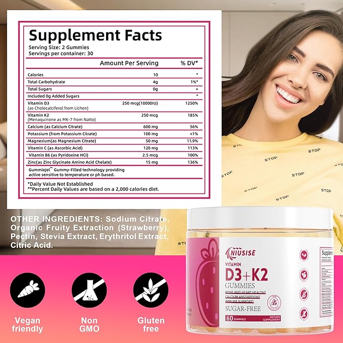 Vitamin D3 + K2 Sugar Free Gummies, 10000 IU Vitamin D3 + 250 mcg Vitamin K2, Supports Bone & Heart Health for Adults, Promotes Calcium Absorption & Immune Health, Non-GMO, 120Gummies