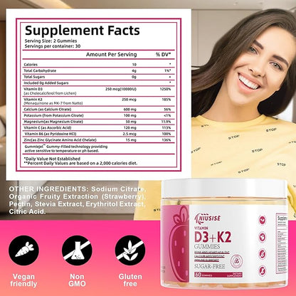 Vitamin D3 + K2 Sugar Free Gummies, 10000 IU Vitamin D3 + 250 mcg Vitamin K2, Supports Bone & Heart Health for Adults, Promotes Calcium Absorption & Immune Health, Non-GMO, 120Gummies