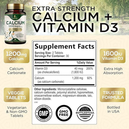 Calcium 1200 mg with Vitamin D3, Calcium Supplement Vitamins, Supports Bone Strength, Teeth & Immune System, Calcium Supplements for Women & Men, Nature's Absorbable Calcium Carbonate - 60 Tablets