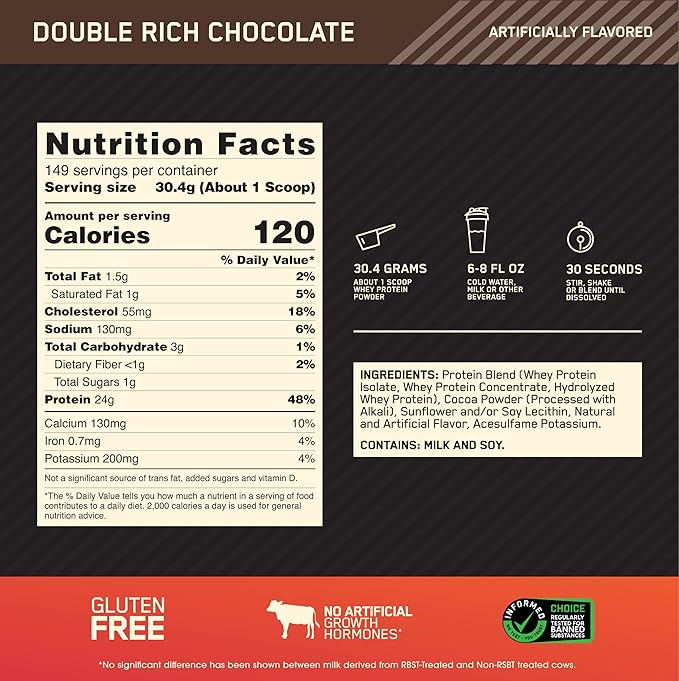 Optimum Nutrition Gold Standard 100% Whey Protein Powder, Double Rich Chocolate, 10 Pound (Packaging May Vary)
