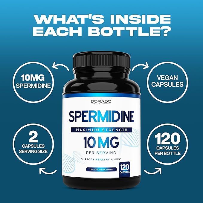 Spermidine Supplement (10mg of 99% Spermidine 3HCL - Third Party Tested) 120 Capsules - Over 100x More Potent Than Wheat Germ Extract for Cell Membrane - Gluten Free & Non-GMO - Made in USA