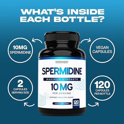 Spermidine Supplement (10mg of 99% Spermidine 3HCL - Third Party Tested) 120 Capsules - Over 100x More Potent Than Wheat Germ Extract for Cell Membrane - Gluten Free & Non-GMO - Made in USA