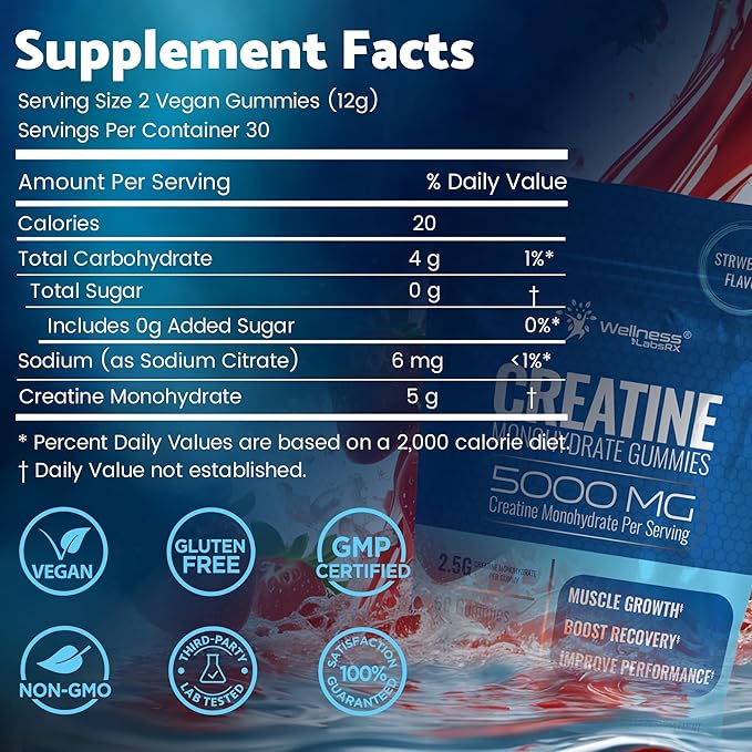 Creatine Gummies 5000mg, 30 Servings Creatine Monohydrate Gummies - Creatine for Women, Strawberry Flavor Creatine Gummies for Men, Muscle Growth, Strength, and Recovery, Vegan, Non-GMO, Gluten Free