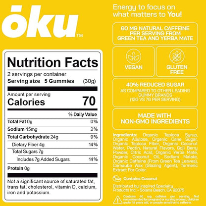 ōku Conscious Energy Gummy Snacks – Natural Caffeine from Green Tea & Yerba Mate, Vegan, Clean Ingredients, Gluten-Free, Focused Energy, Antioxidants & Fiber, Pineapple Pack of 12