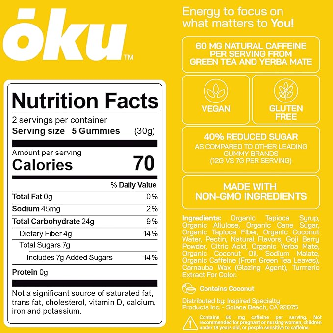 ōku Conscious Energy Gummy Snacks – Natural Caffeine from Green Tea & Yerba Mate, Vegan, Clean Ingredients, Gluten-Free, Focused Energy, Antioxidants & Fiber, Variety Pack of 8