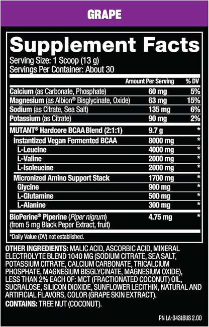 Mutant Hardcore BCAA - Pre, Intra or Post Workout – BCAA Next Level branched-Chain Amino Acids Supplement – Hydration + Recovery - 30 Serving - Grape