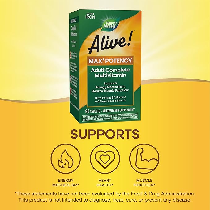 Nature's Way Alive! Max3 Potency Multivitamin, Ultra Potency B-vitamins to Support Energy Metabolism*, with Methylated B12 and Folate, 90 Tablets (Packaging May Vary)