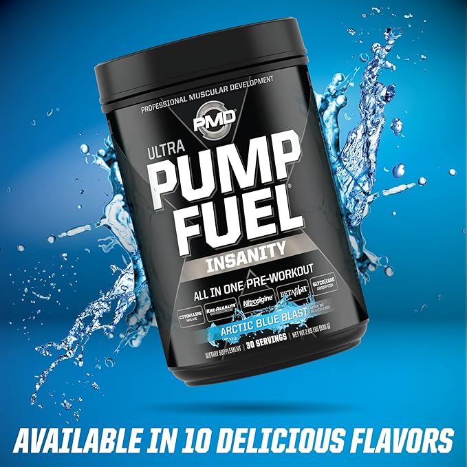 PMD Sports Ultra Pump Fuel Insanity - Pre Workout Drink Mix for Energy, Strength, Endurance, Recovery - Complex Carbohydrates and Amino Energy - Arctic Blue Blast (30 Servings)