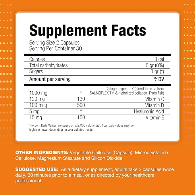 Salmoflex Marine Collagen Peptides with Hyaluronic Acid and Vitamin C, D, E - Salmon Collagen Supplement for Bone and Joint - Hair, Skin and Nails Vitamins - 60 Capsules (Pack of 3)