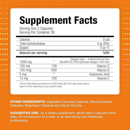 Salmoflex Marine Collagen Peptides with Hyaluronic Acid and Vitamin C, D, E - Salmon Collagen Supplement for Bone and Joint - Hair, Skin and Nail Vitamins - 60 Capsules (Pack of 2)