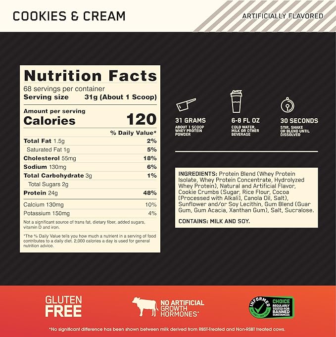 Optimum Nutrition Gold Standard 100% Whey Protein Powder, Cookies & Cream, 5 Pound (Packaging May Vary)
