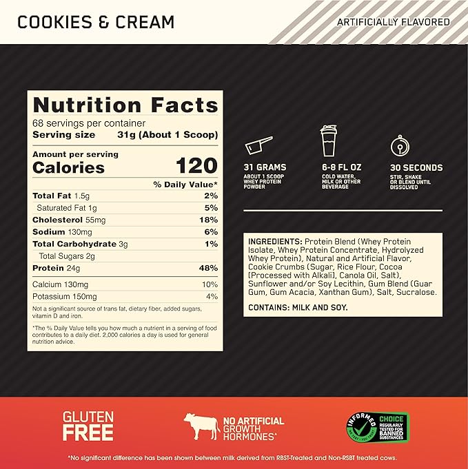 Optimum Nutrition Gold Standard 100% Whey Protein Powder, Cookies & Cream, 5 Pound (Packaging May Vary)